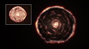 Halkileikkaus ALMA:n punaista jättiläistähteä R Sculptoris ympäröivää materiaa esittävästä 3D-kuvasta