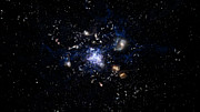 Konstnärlig gestaltning av en galaxhop som bildas i det tidiga universum