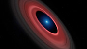 Vue d'artiste du disque de matière rougeoyante autour de la naine blanche  SDSS J1228+1040