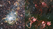 Comparación de la nebulosa Tarántula en luz visible e infrarroja