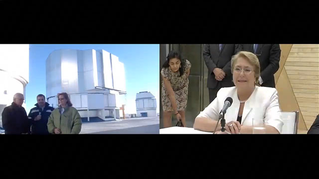 Chiles Präsidentin Michelle Bachelet hat vom chilenischen Pavillon eine Videokonferenz mit dem Paranal-Observatorium