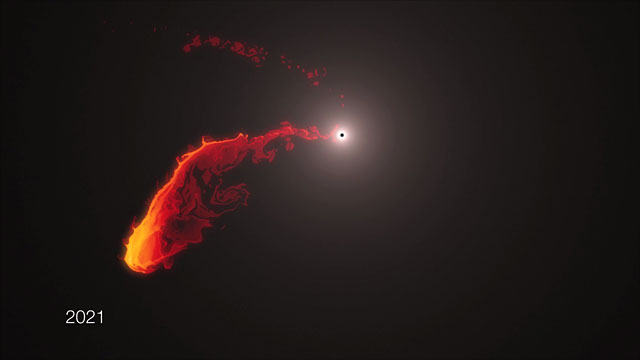Simulación de la nube de gas aproximándose al agujero negro en el centro de la Vía Láctea