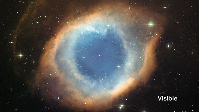 An infrared/visible light comparison of views of the Helix Nebula