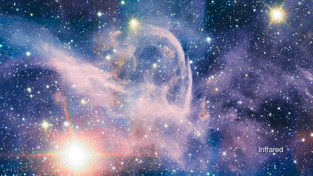 Infrared/visible-light comparison view of the Carina Nebula