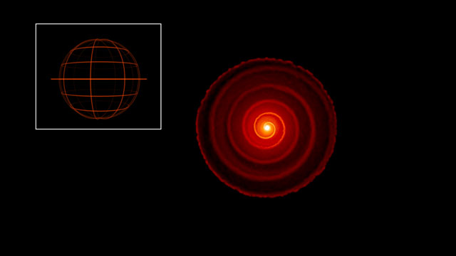 Una sezione del modello 3D della materia che circonda la gigante rossa R Sculptoris