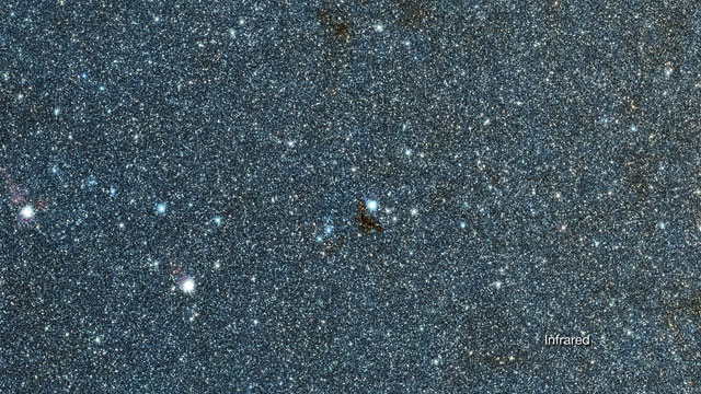 Infraröd/synligt-ljus jämförelse av stjärnhopen NGC 6520 och det mörka molnet Barnard 86