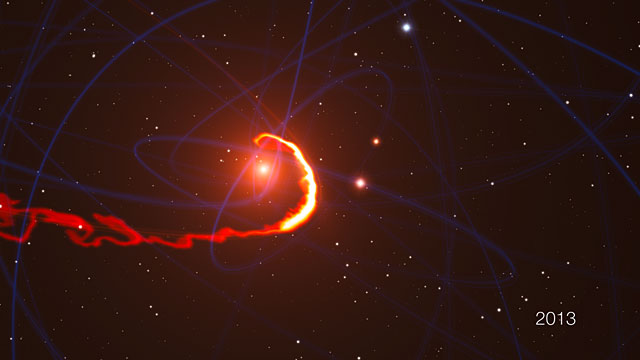 Simulering av ett gasmoln som slits sönder av det svarta hålet i mitten av Vintergatan