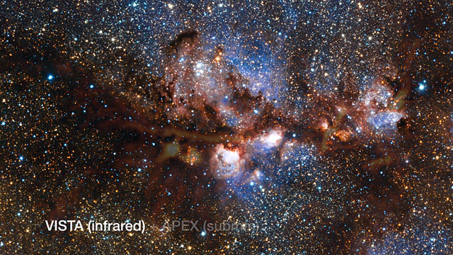 Crossfaden tussen VISTA’s infraroodopname en ArTeMiS’ submillimeteropname van NGC 6334