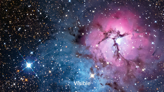 Vídeo en el que se comparan imágenes de la nebulosa Trífida obtenidas en el visible y en el infrarrojo 