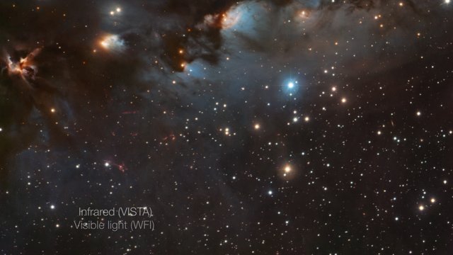 Jämförelse av Messier 78 i infrarött och synligt ljus