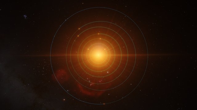 Animace planet obíhajících kolem hvězdy TRAPPIST-1