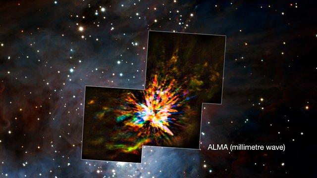 Vergelijking van de beelden van ALMA en de VLT van een explosieve gebeurtenis in Orion