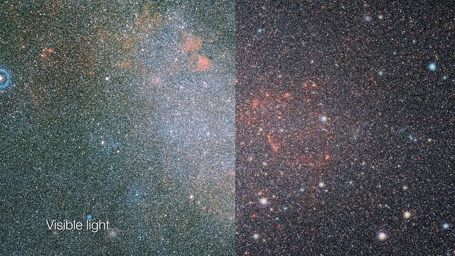 Confronto tra l'immagine in luce infrarossa e in luce visibile della Piccola Nube di Magellano