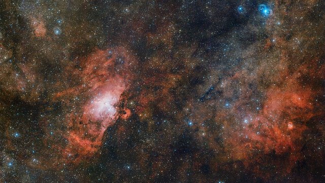 Detalhes da enorme imagem VST que capturou três nebulosas