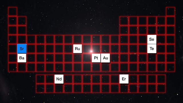 Animation av en sammansmältning av två neutronstjärnor och de grundämnen som bildas i kollisionen