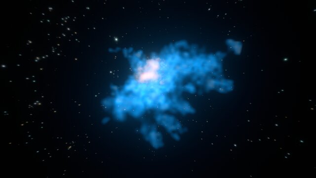 3D-Ansicht eines mit MUSE beobachteten Gashalos, der verschmelzende Galaxien umgibt, beobachtet mit ALMA