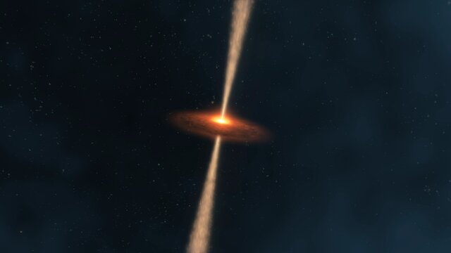 Animazione artistica di un quasar lontano circondato da un alone di gas