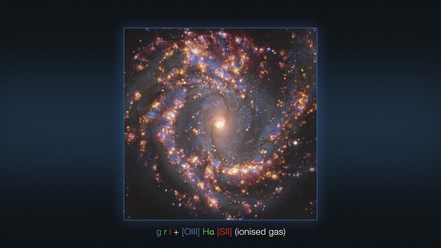 Várias imagens da galáxia NGC 4303 observada com o VLT e o ALMA (anotada)