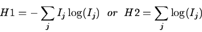 \begin{displaymath}H1 = - \sum_j I_j \log( I_j) \;\; {\em or} \;\; H2 = \sum_j \log( I_j )
\end{displaymath}
